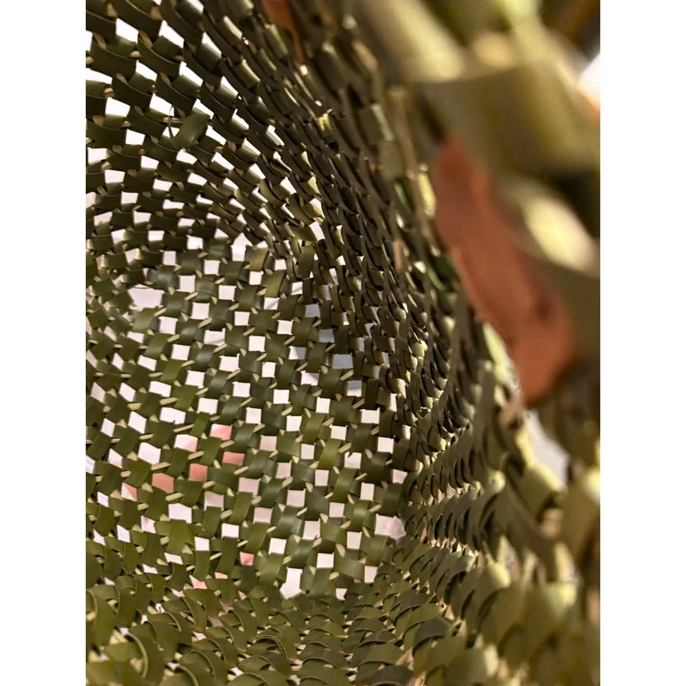 Hand Woven Palm Leaf Tote Bag Olive Green Leather Handle Luxury Basket Shopper